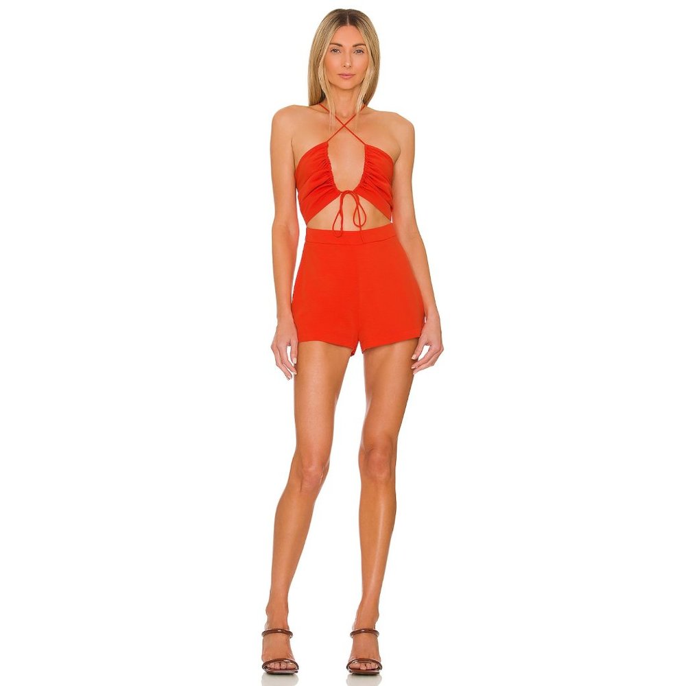 superdown Alessia Ruched Tie Romper in Poppy